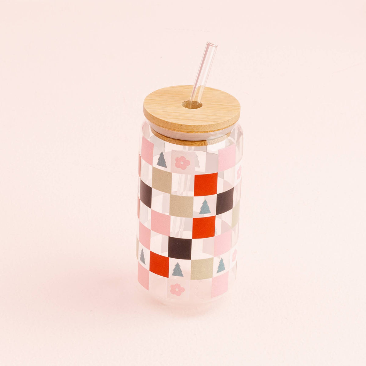 Round Glass Cup-Holiday Checkers
