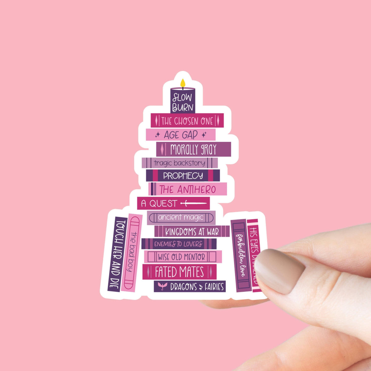 Romantasy Tropes Book Stack Sticker