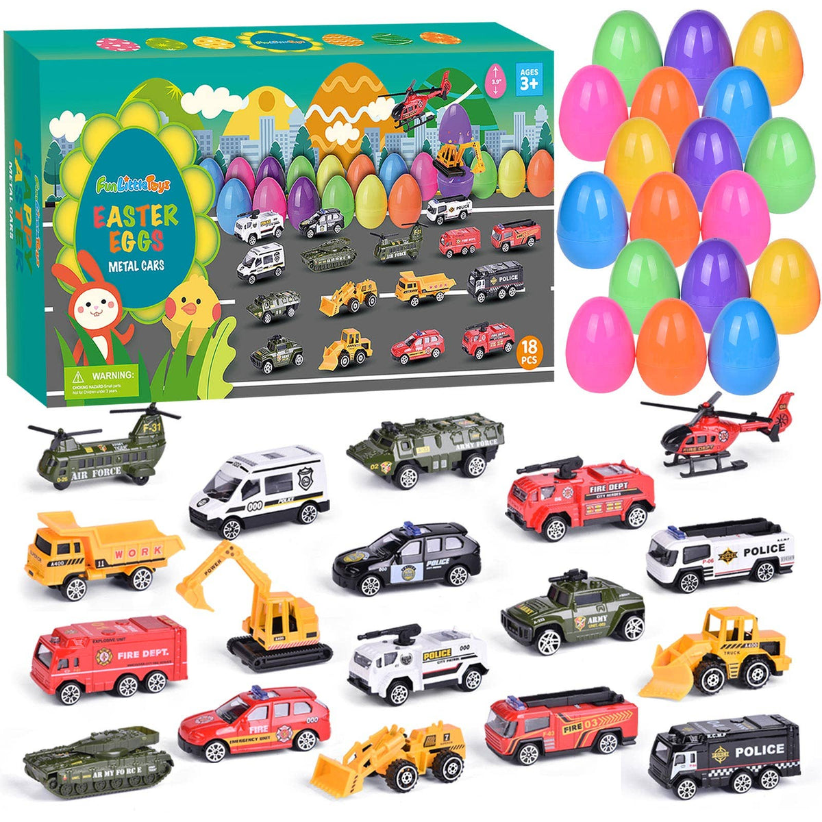 18 Pcs Easter Eggs Prefilled with Die-cast Cars Toy Vehicles