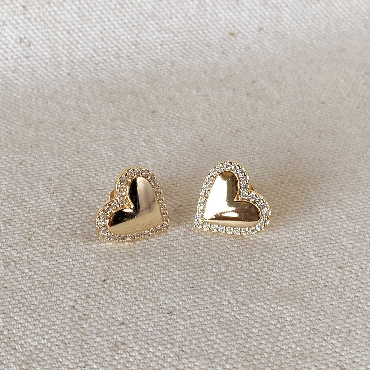 18k Gold Filled Pillow Heart Stud with Cubic Zirconia Stones Around