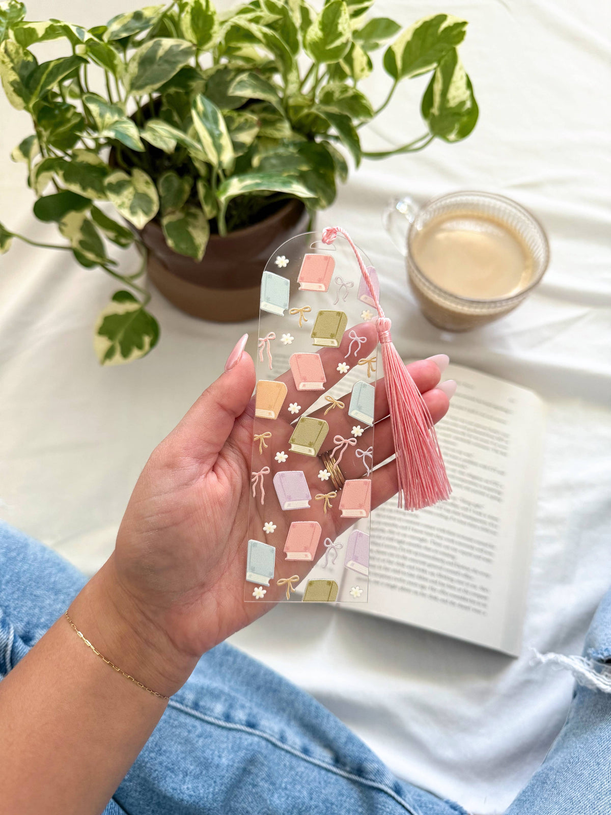 Pastel Book Lover Acrylic Bookmark with Tassel, Bookish Gift