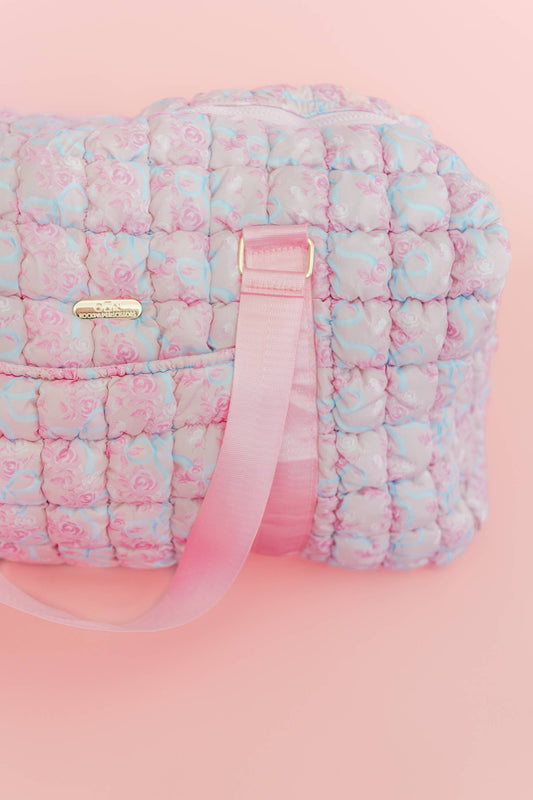 Watercolor Floral Bow Quilted Weekender Duffle Tote Bag