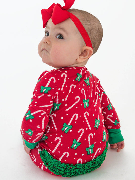 SoftSnooze™ Baby Girls Bamboo Viscose Candy Cane Cutie Convertible Ruffle One Piece Footie Pajama