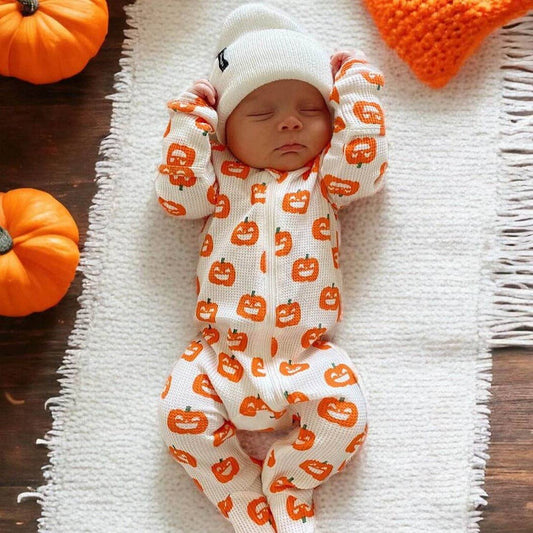 Organic Waffle Basic Zip Footie, Jack-O-Lantern