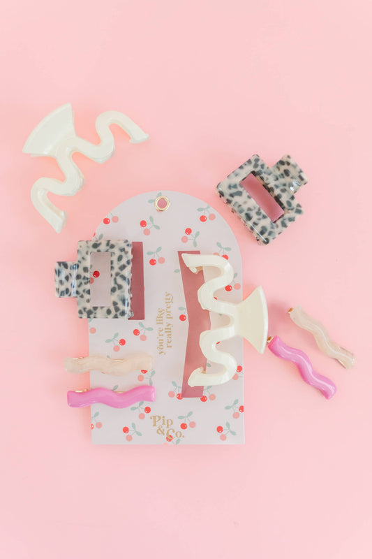 Pink and Leopard Wavy Hair Clip and Barrette Set 
