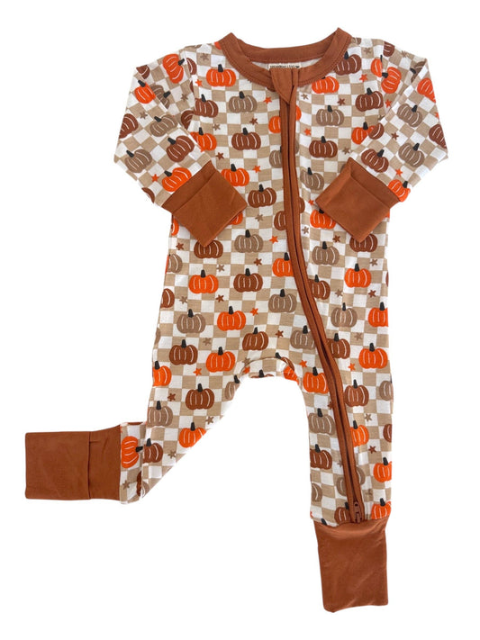 2-Way Convertible Zip Romper, Pumpkin Checkerboard