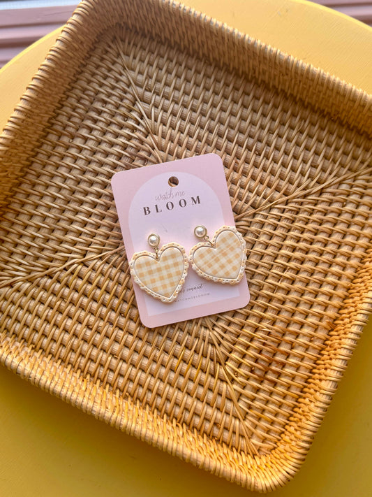 Yellow Gingham Ruffle Hearts | Handmade Polymer Clay Earring