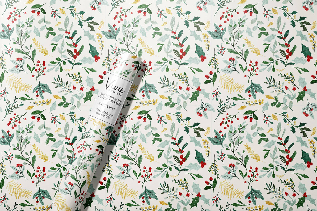Christmas Watercolor Greenery White Wrapping Paper