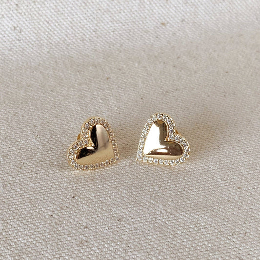 18k Gold Filled Pillow Heart Stud with Cubic Zirconia Stones Around